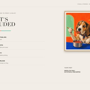 An informational slide lists the included digital file specifications next to the framed beagle print.