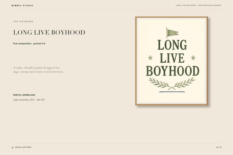 Puede incluir: Una impresi&oacute;n de arte mural enmarcada con el texto LONG LIVE BOYHOOD en letras may&uacute;sculas de color verde oscuro. El dise&ntilde;o incluye un peque&ntilde;o icono de bandera verde sobre el texto, dos estrellas a cada lado de la palabra LIVE y un laurel verde.