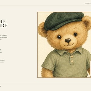 Close-up promotional slide showing a watercolor illustration of a teddy bear golfer wearing a flat cap and polo shirt.