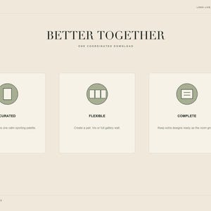 A product features slide with three icon boxes describing the curated bundle.