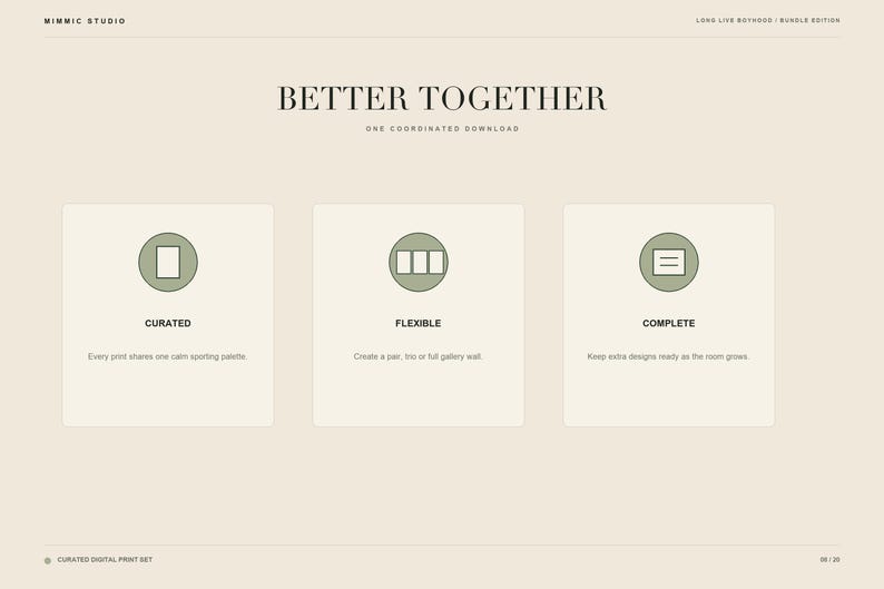 A product features slide with three icon boxes describing the curated bundle.