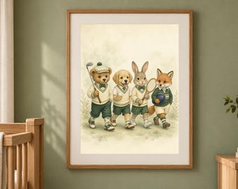 Sports Nursery Print, Animal Golf and Tennis Wall Art, Preppy Baby Boy Decor, Printable Download