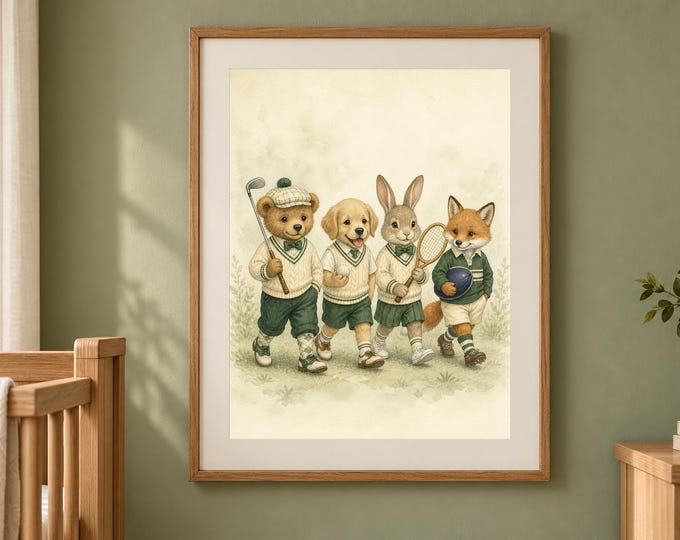 Sporting Animals Nursery Art, Preppy Baby Boy Sports Wall Print, Printable Download