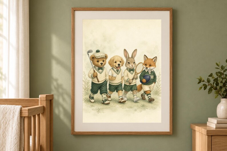 Puede incluir: Una l&aacute;mina art&iacute;stica enmarcada con una ilustraci&oacute;n en acuarela de cuatro animales antropom&oacute;rficos con ropa deportiva. Un oso de peluche con un palo de golf, un cachorro, un conejo con una raqueta de tenis y un zorro con una pelota azul.
