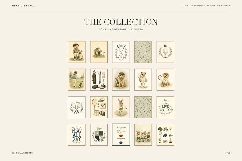 May include: A collection of twenty digital art prints titled THE COLLECTION LONG LIVE BOYHOOD. The prints feature illustrations of teddy bears, rabbits, and dogs engaged in sports like golf and tennis, alongside sports equipment and text graphics.
