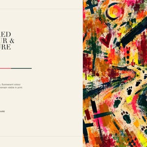 A promotional slide showing a close-up painted detail of the abstract artwork on the right and descriptive text on the left.