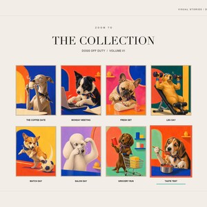 A collection slide displays eight different digital art prints featuring dogs performing human activities.