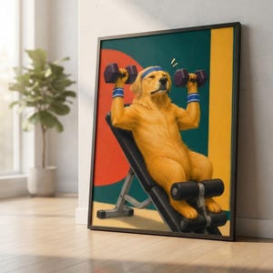 Golden Retriever Art, Colorful Printable Gym Poster with Dumbbells shown in an AI-generated listing photo