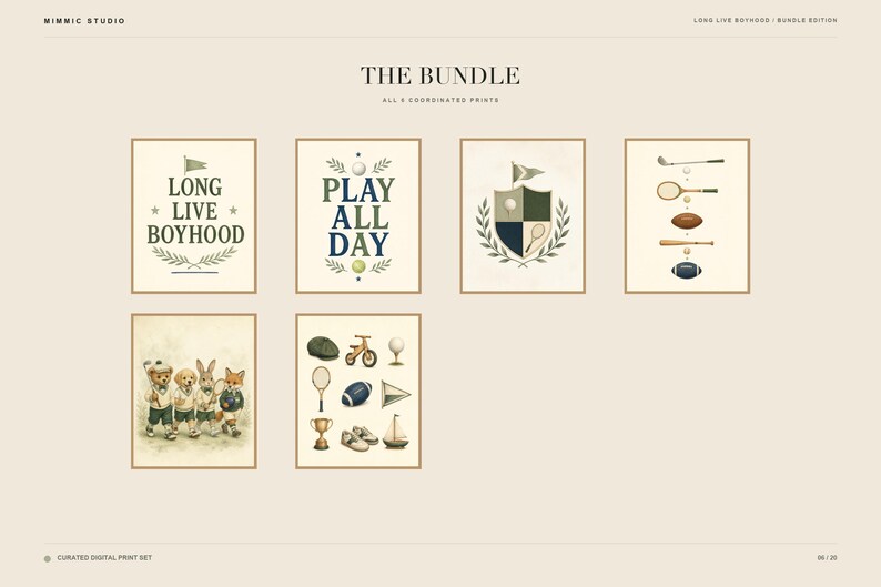 May include: A collection of six digital prints titled The Bundle, featuring illustrations of sports equipment, a crest, and anthropomorphic animals. Text includes Long Live Boyhood and Play All Day, with muted tones of green, blue, and brown.