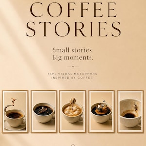 A promotional poster titled Coffee Stories featuring five miniature surreal art prints aligned horizontally below headline text.