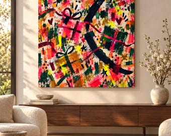 The Gift Christmas Abstract Art, Colorful Christmas Wall Art, Neon Holiday Print, Maximalist Square Printable Download