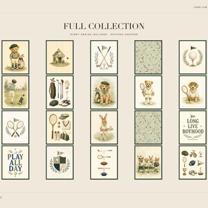 Grid display showing the complete collection of twenty vintage sports and nursery art prints.