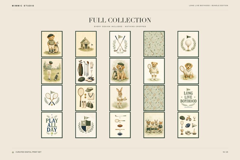 Grid display showing the complete collection of twenty vintage sports and nursery art prints.