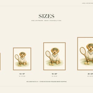 May include: A digital art print featuring a golden retriever puppy wearing a green visor and a white tennis sweater, holding a tennis racket. The image displays four size options: 8x10 inches, 12x15 inches, 16x20 inches, and 20x25 inches.