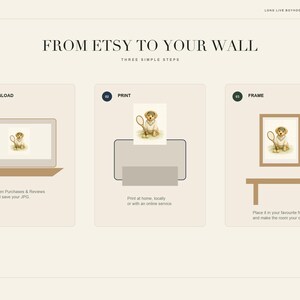 May include: An instructional graphic titled FROM ETSY TO YOUR WALL showing three steps: 01 DOWNLOAD with a laptop icon, 02 PRINT with a printer icon, and 03 FRAME with a framed picture icon. Each step features a small illustration of a puppy holding a tennis racket.