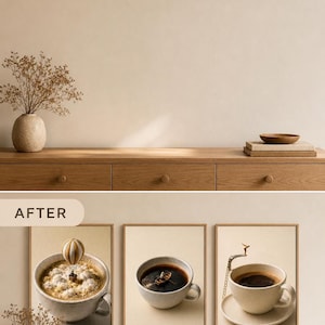 Before and after comparison graphic showing an empty wooden console table above and the same table styled with three framed coffee art prints below.