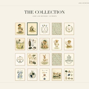 May include: A collection of twenty digital art prints titled THE COLLECTION LONG LIVE BOYHOOD. The grid displays illustrations of teddy bears, rabbits, and dogs engaged in sports, alongside golf and tennis equipment, crests, and text motifs.