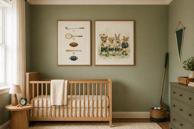 May include: Two framed wall art prints hanging above a wooden crib. One print displays various sports equipment including a golf club, tennis racket, football, and baseball bat. The second print features a bear, dog, rabbit, and fox dressed in athletic attire.