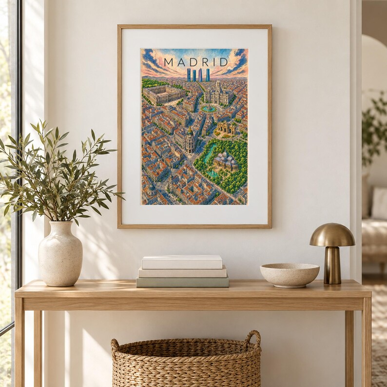 K&ouml;nnte beinhalten: Ein gerahmter Kunstdruck mit einer Luftaufnahme-Illustration von Madrid und dem Schriftzug MADRID am oberen Rand. Das Bild zeigt ein dichtes Stadtbild mit orangefarbenen D&auml;chern, gr&uuml;nen Parkanlagen und einem bew&ouml;lkten blauen Himmel.