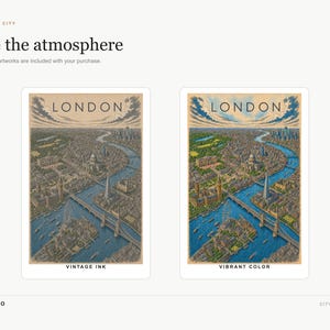 Pu&ograve; includere: Due stampe d'arte digitale di paesaggi urbani di Londra con il fiume Tamigi e monumenti iconici. Una stampa mostra una tavolozza color inchiostro vintage, l'altra uno schema di colori vivaci. Entrambe includono il testo LONDON in alto.