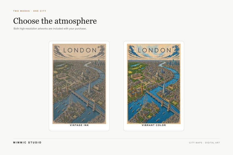 Pu&ograve; includere: Due stampe d'arte digitale di paesaggi urbani di Londra con il fiume Tamigi e monumenti iconici. Una stampa mostra una tavolozza color inchiostro vintage, l'altra uno schema di colori vivaci. Entrambe includono il testo LONDON in alto.