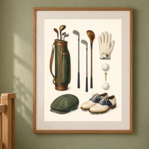 May include: A framed wall art print featuring a vintage golf illustration. The artwork displays a dark green leather golf bag with clubs, three golf clubs, a white leather glove, two golf balls on a tee, a green flat cap, and two-tone golf shoes.