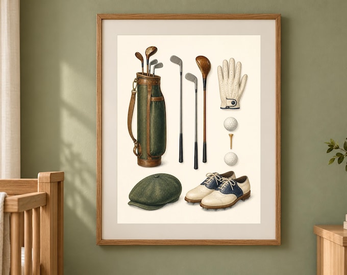 Golf Equipment Nursery Print, Vintage Sporting Baby Boy Wall Art, Printable Download