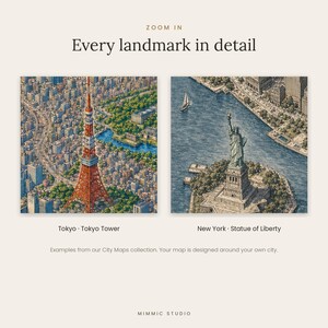 K&ouml;nnte beinhalten: Zwei quadratische Drucke mit detaillierten Luftbildillustrationen von Wahrzeichen. Der linke Druck zeigt den Tokyo Tower inmitten eines dichten Stadtbildes. Der rechte Druck zeigt die Freiheitsstatue. Text: "ZOOM IN Every landmark in detail".