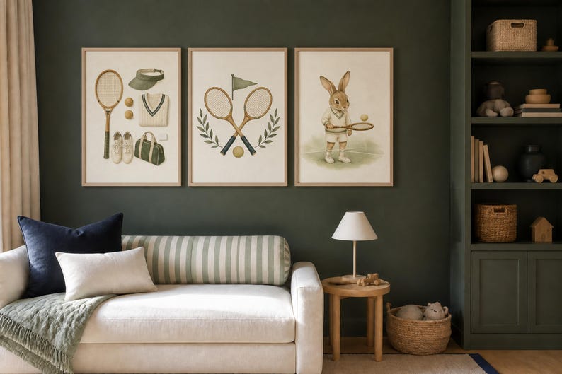 May include: Three framed wall art prints featuring tennis themes. The first shows a racket, visor, sweater, shoes, and bag. The second displays two crossed rackets with a flag and laurel leaves. The third depicts a rabbit holding a tennis racket.