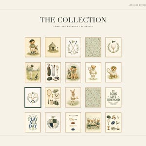 May include: A collection of twenty digital art prints titled The Collection: Long Live Boyhood. The prints feature illustrations of teddy bears, rabbits, and dogs engaged in sports like golf and tennis, alongside sporting equipment and text.