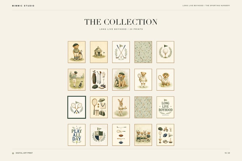 May include: A collection of twenty digital art prints titled The Collection: Long Live Boyhood. The prints feature illustrations of teddy bears, rabbits, and dogs engaged in sports like golf and tennis, alongside sporting equipment and text.