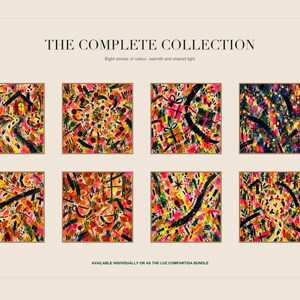 Grid of eight different colorful abstract square art prints displayed on an informational slide titled the complete collection.