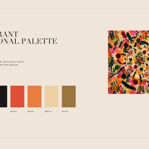 A color palette graphic displays six swatches with hex codes beneath the artwork title and descriptive text.