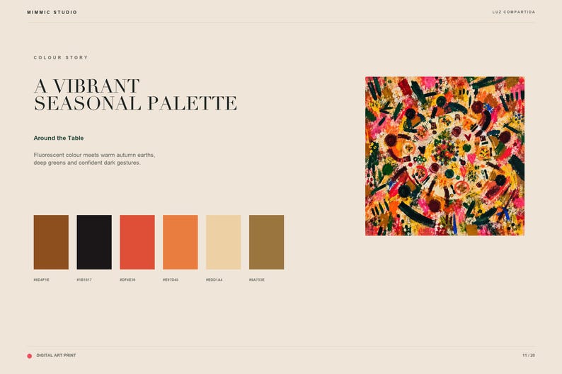 A color palette graphic displays six swatches with hex codes beneath the artwork title and descriptive text.