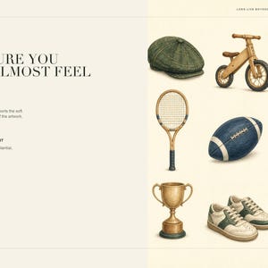 May include: A digital art print featuring illustrations of a green flat cap, wooden balance bike, golf ball on a tee, tennis racket, football, triangular flag, gold trophy, pair of white and green sneakers, and a small wooden sailboat model.