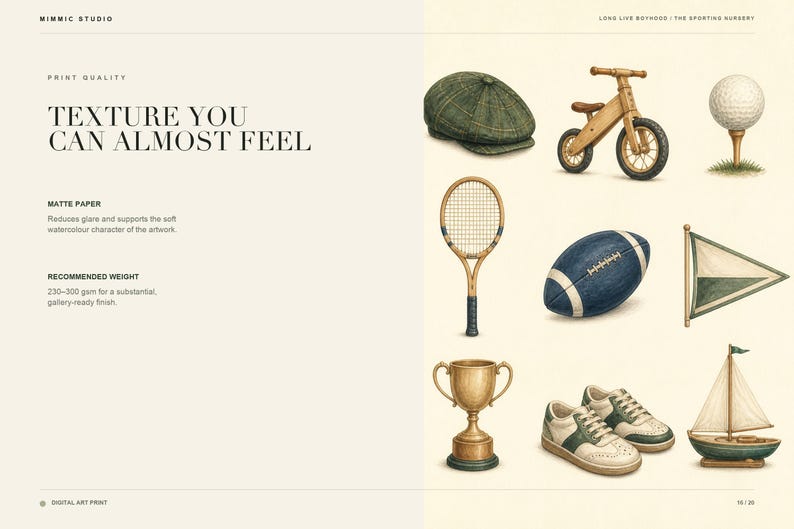 May include: A digital art print featuring illustrations of a green flat cap, wooden balance bike, golf ball on a tee, tennis racket, football, triangular flag, gold trophy, pair of white and green sneakers, and a small wooden sailboat model.
