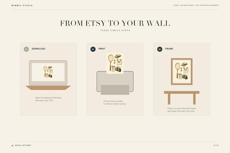 May include: An instructional graphic titled FROM ETSY TO YOUR WALL showing three steps: a laptop displaying a tennis-themed print, a printer outputting the same print, and a framed version of the print on a table with text instructions below each.