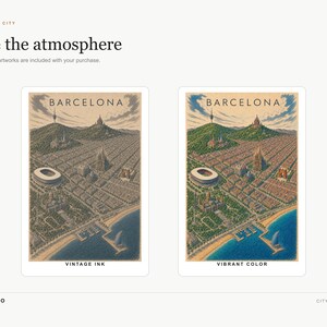 May include: Two digital art prints of Barcelona city maps, one in a muted vintage ink style and the other in vibrant color. Both feature an aerial view of the city, coastline, and landmarks with the text 'BARCELONA' at the top of each print.