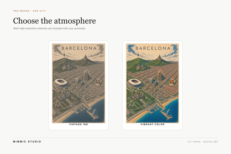 May include: Two digital art prints of Barcelona city maps, one in a muted vintage ink style and the other in vibrant color. Both feature an aerial view of the city, coastline, and landmarks with the text 'BARCELONA' at the top of each print.