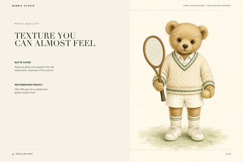 May include: A digital art print featuring a light brown teddy bear dressed in a cream-colored cable knit V-neck sweater with green trim, white shorts, white socks, and white sneakers, holding a wooden tennis racket and a yellow tennis ball.