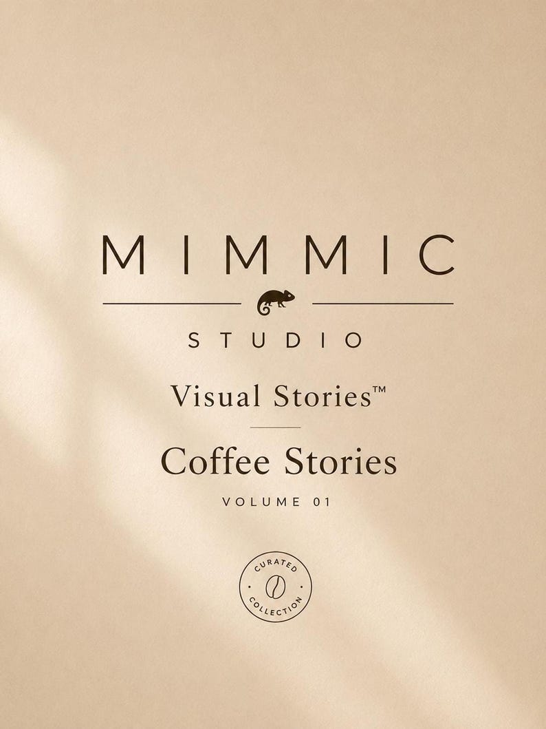 Brand title card reading Mimmic Studio Visual Stories Coffee Stories Volume 01 with a small chameleon logo.