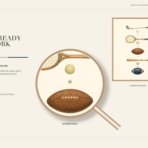 May include: A digital art print featuring watercolor illustrations of sports equipment including a golf club, tennis racket, baseball bat, and various balls. A circular magnifying glass overlay highlights the texture of a brown football.