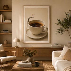 A framed surreal print of a tiny diver on a springboard over a coffee cup, hanging on a beige wall above a wooden credenza in a modern living room.