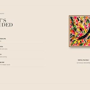 An informational product slide details file specifications alongside a small thumbnail of the square abstract art print.