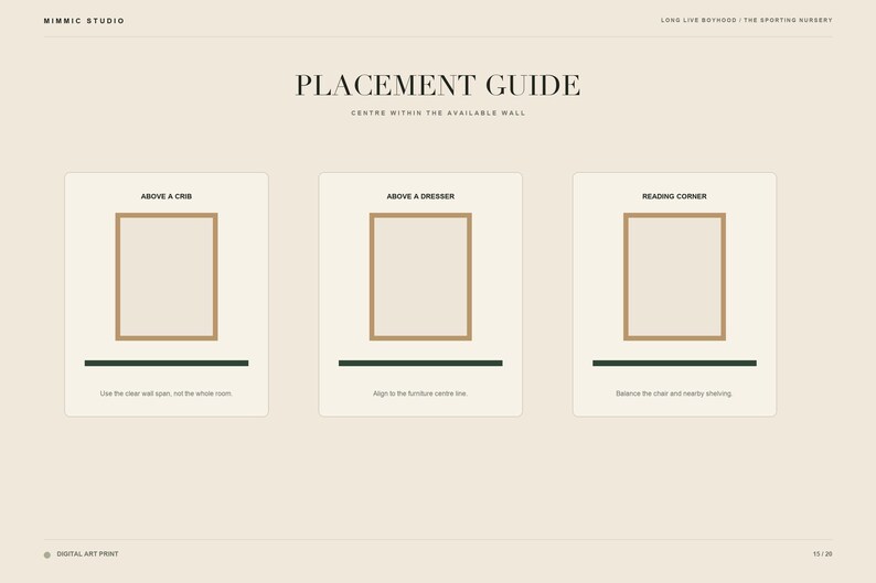 A placement guide showing three framing options for above a crib, above a dresser, and in a reading corner.