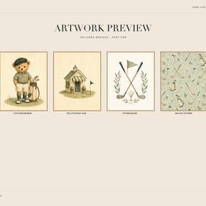 Four preview art prints from part one showing a teddy bear golfer, clubhouse, crossed clubs, and pattern.