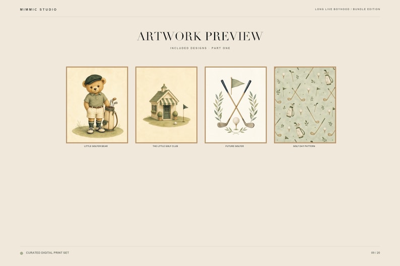 Four preview art prints from part one showing a teddy bear golfer, clubhouse, crossed clubs, and pattern.