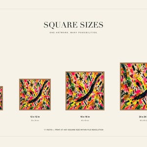 A diagram displays four square print sizes ranging from 8x8 inches to 24x24 inches featuring the colorful abstract artwork.