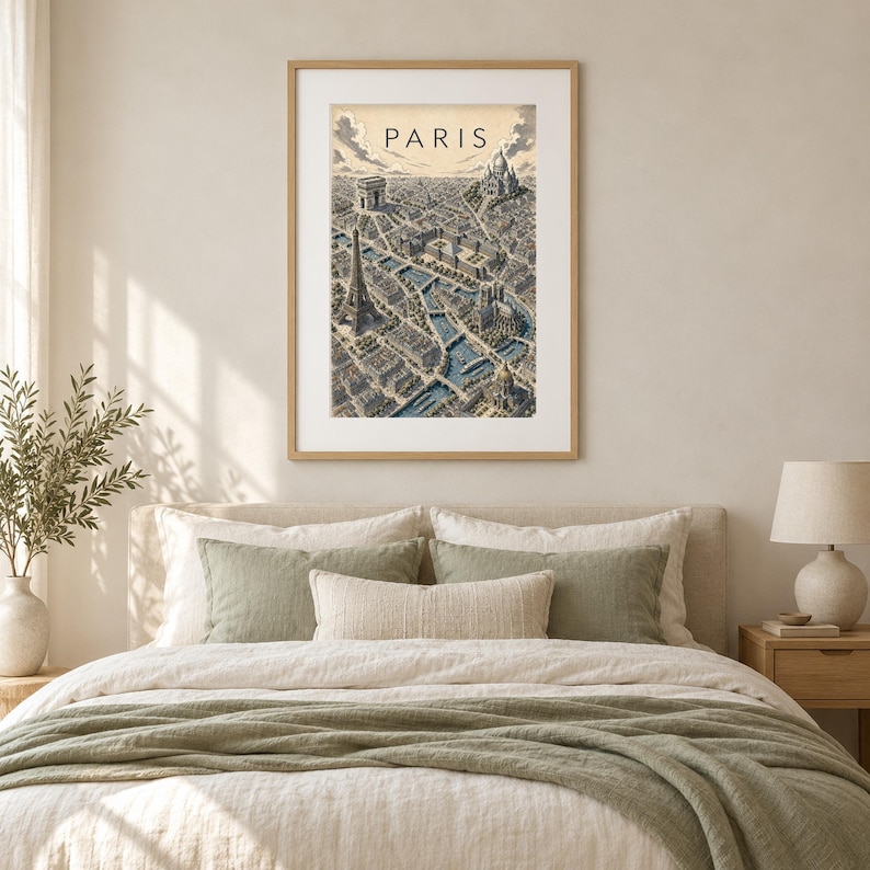 K&ouml;nnte beinhalten: Ein gerahmter Wandkunstdruck mit einer Luftbildillustration von Paris und dem Wort PARIS am oberen Rand. Das Kunstwerk zeigt den Eiffelturm, den Arc de Triomphe und die Basilika Sacr&eacute;-C&oelig;ur inmitten eines detaillierten Stadtbildes.