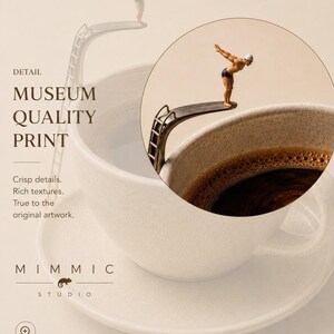 A promotional graphic for a museum quality print featuring the coffee diver artwork with a circular magnified inset showcasing fine print textures.